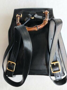 Vintage Gucci Bamboo Mini Backpack Black Calfskin Green Jacquard Lining 1990s
